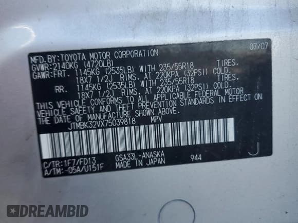 ✅ 2007 Toyota RAV4 Sport • VIN: JTMBK32VX75039818 • Lot: 91644005. Listed on Copart with 236,080 mi. Free auction sales archive from the USA and detailed vehicle history report at DreamBid. Image 13.