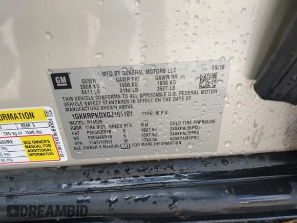 ✅ 2016 GMC Acadia SLE • VIN: 1GKKRPKDXGJ161181 • Lot: 43279631. Listed on IAAI with 138,758 mi. Free auction sales archive from the USA and detailed vehicle history report at DreamBid. Image 9.