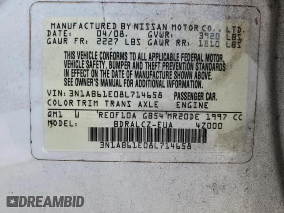 ✅ 2008 Nissan Sentra 2.0 • VIN: 3N1AB61E08L714658 • Лот: 81028655. Опубликован ранее на Copart с пробегом 229 176 миль. Бесплатный доступ к архиву аукционных продаж из США и подробный отчёт об истории автомобиля на DreamBid. Изображение 13.