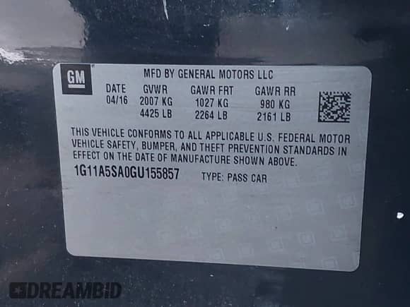 2016 Chevrolet Malibu LS with VIN 1G11A5SA0GU155857, listed as a IAAI auction lot 41878051 with Not provided miles and . Bid and sale history available at DreamBid. Image 9.