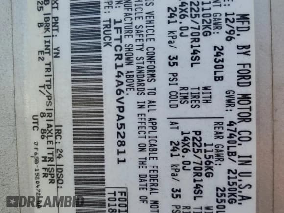 ✅ 1997 Ford Ranger XL • VIN: 1FTCR14A6VPA52811 • Лот: 67419455. Опубликован ранее на Copart с пробегом 318 674 миль. Бесплатный доступ к архиву аукционных продаж из США и подробный отчёт об истории автомобиля на DreamBid. Изображение 12.