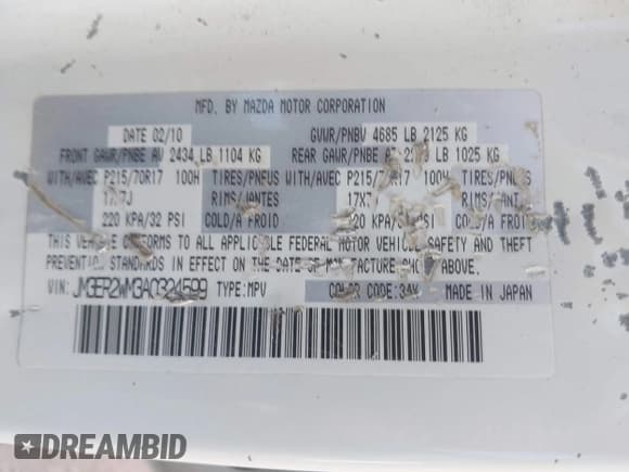 ✅ 2010 Mazda CX-7 SV • VIN: JM3ER2WM3A0324599 • Lot: 42810172. Listed on IAAI with 87,728 mi. Free auction sales archive from the USA and detailed vehicle history report at DreamBid. Image 9.