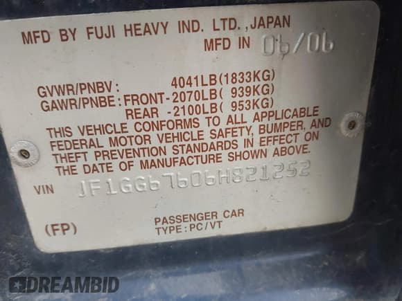 ✅ 2006 Subaru Impreza i • VIN: JF1GG67606H821252 • Lot: 42034238. Listed on IAAI with 114,681 mi. Free auction sales archive from the USA and detailed vehicle history report at DreamBid. Image 9.