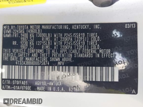 ✅ 2013 Toyota Venza LE • VIN: 4T3ZA3BB8DU075874 • Lot: 43558054. Listed on IAAI with 187,901 mi. Free auction sales archive from the USA and detailed vehicle history report at DreamBid. Image 9.