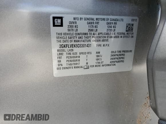 ✅ 2012 GMC Terrain SLT-1 • VIN: 2GKFLVEK6C6301431 • Lot: 57088765. Listed on Copart with 147,324 mi. Free auction sales archive from the USA and detailed vehicle history report at DreamBid. Image 13.