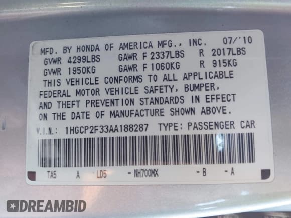 ✅ 2010 Honda Accord LX • VIN: 1HGCP2F33AA188287 • Lot: 43577461. Listed on IAAI with 95,685 mi. Free auction sales archive from the USA and detailed vehicle history report at DreamBid. Image 7.