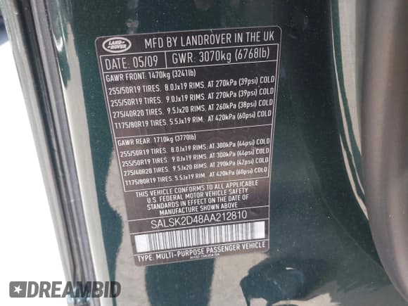 ✅ 2010 Land Rover Range Rover Sport HSE Lux • VIN: SALSK2D48AA212810 • Lot: 41943041. Listed on IAAI with 111,896 mi. Free auction sales archive from the USA and detailed vehicle history report at DreamBid. Image 9.