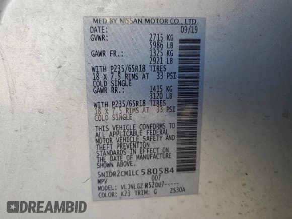 ✅ 2020 Nissan Pathfinder SL • VIN: 5N1DR2CM1LC580584 • Лот: 80542405. Опубликован ранее на Copart с пробегом 81 518 миль. Бесплатный доступ к архиву аукционных продаж из США и подробный отчёт об истории автомобиля на DreamBid. Изображение 14.