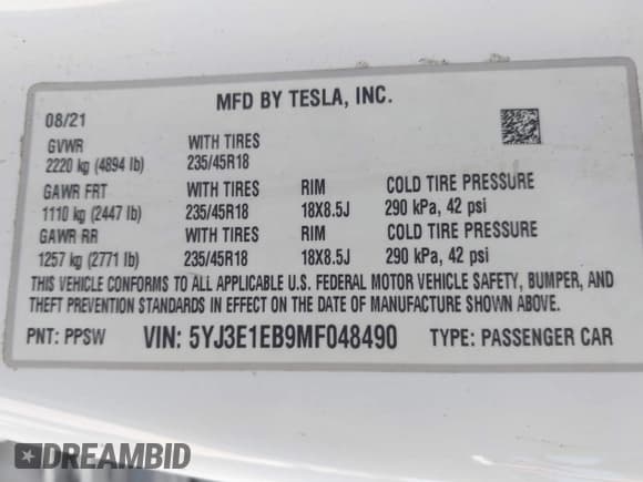 ✅ 2021 Tesla Model 3 Long Range • VIN: 5YJ3E1EB9MF048490 • Lot: 43697250. Wystawiony na IAAI z przebiegiem 58 078 mil. Bezpłatny archiwum sprzedaży aukcyjnych z USA i szczegółowy raport historii pojazdu na DreamBid. Zdjęcie 9.