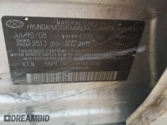 2009 Hyundai Sonata GLS с VIN 5NPET46C09H487092, выставлен на аукционе Copart как лот 65947854 с пробегом 233 974 миль миль и Списание • Salvage title. История ставок и продаж доступна на DreamBid. Изображение 12.