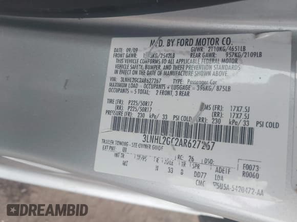 ✅ 2010 Lincoln MKZ • VIN: 3LNHL2GC2AR627267 • Lot: 43739919. Listed on IAAI with 182,090 mi. Free auction sales archive from the USA and detailed vehicle history report at DreamBid. Image 9.