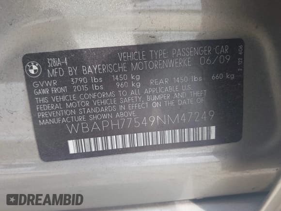 ✅ 2009 BMW 3 Series 328i • VIN: WBAPH77549NM47249 • Lot: 42937089. Listed on IAAI with 254,038 mi. Free auction sales archive from the USA and detailed vehicle history report at DreamBid. Image 9.