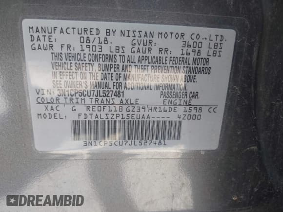 ✅ 2018 Nissan Kicks SV • VIN: 3N1CP5CU7JL527481 • Lot: 42985652. Listed on IAAI with 40,537 mi. Free auction sales archive from the USA and detailed vehicle history report at DreamBid. Image 9.