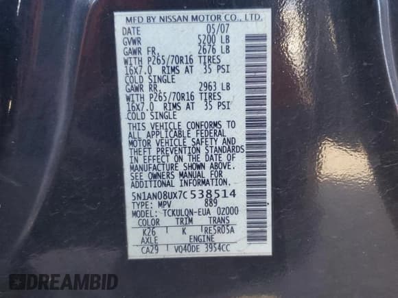 ✅ 2007 Nissan Xterra X • VIN: 5N1AN08UX7C538514 • Lot: 81908645. Listed on Copart with 186,852 mi. Free auction sales archive from the USA and detailed vehicle history report at DreamBid. Image 13.