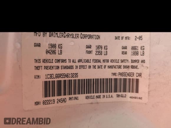 ✅ 2005 Chrysler Sebring • VIN: 1C3EL66R55N613235 • Lot: 60502475. Listed on Copart with 117,889 mi. Free auction sales archive from the USA and detailed vehicle history report at DreamBid. Image 12.