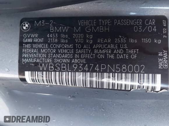 2004 BMW 3 Series M3 с VIN WBSBL93474PN58002, выставлен на аукционе IAAI как лот 41013859 с пробегом 118 046 миль миль и . История ставок и продаж доступна на DreamBid. Изображение 9.