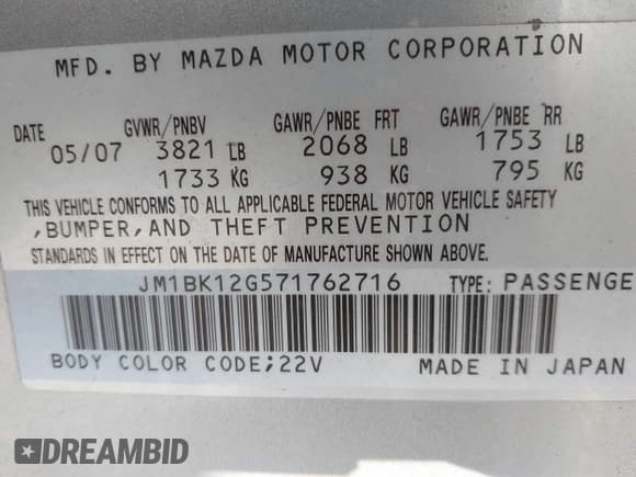 ✅ 2007 Mazda 3 i Sport • VIN: JM1BK12G571762716 • Lot: 43040638. Listed on IAAI with 87,393 mi. Free auction sales archive from the USA and detailed vehicle history report at DreamBid. Image 9.