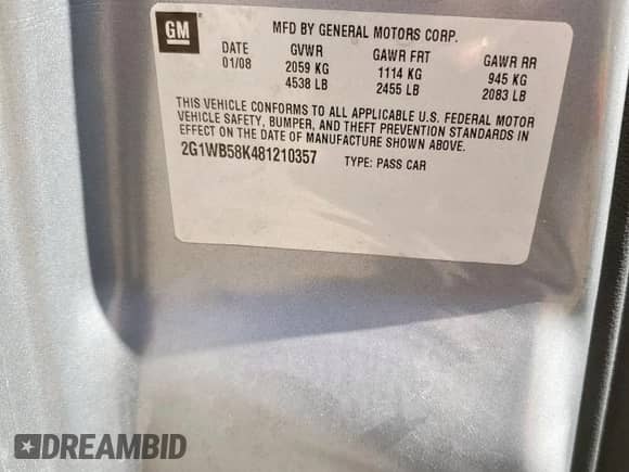 2008 Chevrolet Impala LS с VIN 2G1WB58K481210357, выставлен на аукционе Copart как лот 85595225 с пробегом Не указан миль и Списание • Salvage title. История ставок и продаж доступна на DreamBid. Изображение 12.