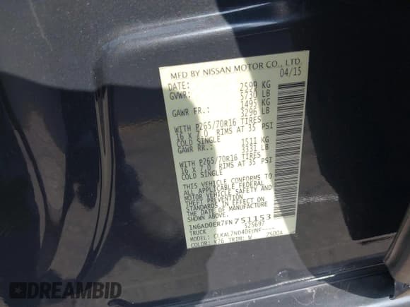 ✅ 2015 Nissan Frontier SV • VIN: 1N6AD0ER7FN751153 • Lot: 43525379. Listed on IAAI with 211,834 mi. Free auction sales archive from the USA and detailed vehicle history report at DreamBid. Image 9.