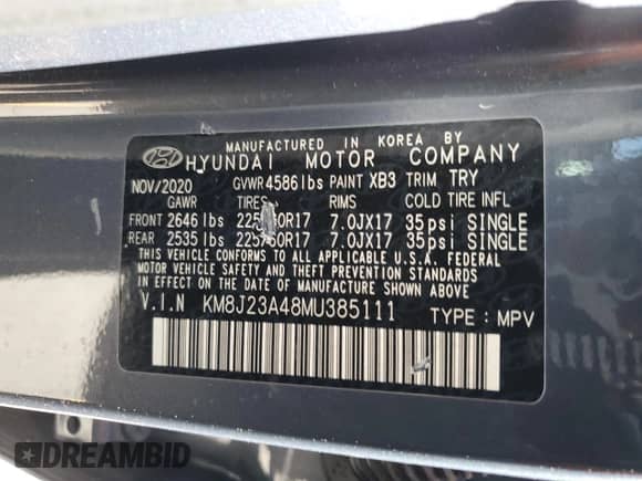 2021 Hyundai Tucson SE with VIN KM8J23A48MU385111, listed as a Copart auction lot 69181135 with 35,082 mi miles and Salvage title. Bid and sale history available at DreamBid. Image 13.