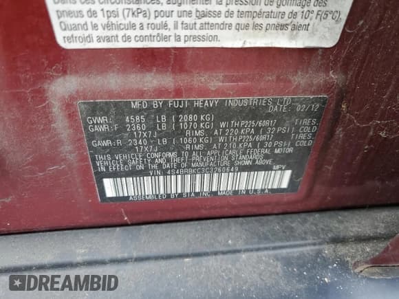 ✅ 2012 Subaru Outback Limited • VIN: 4S4BRBKC3C3260649 • Lot: 92859285. Listed on Copart with 220,369 mi. Free auction sales archive from the USA and detailed vehicle history report at DreamBid. Image 13.