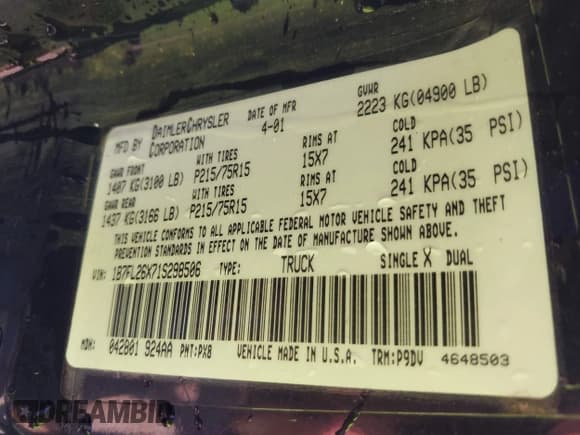 ✅ 2001 Dodge Dakota • VIN: 1B7FL26X71S298506 • Lot: 42078981. Wystawiony na IAAI z przebiegiem 193 818 mil. Bezpłatny archiwum sprzedaży aukcyjnych z USA i szczegółowy raport historii pojazdu na DreamBid. Zdjęcie 9.