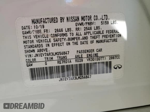 ✅ 2020 Infiniti Q50 Luxe • VIN: JN1EV7AR3LM254847 • Lot: 57778345. Listed on Copart with Not provided. Free auction sales archive from the USA and detailed vehicle history report at DreamBid. Image 12.