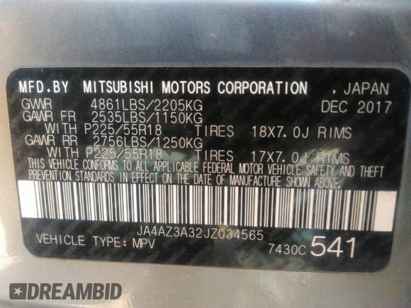 2018 Mitsubishi Outlander ES with VIN JA4AZ3A32JZ034565, listed as a IAAI auction lot 36881201 with 116,510 mi miles and . Bid and sale history available at DreamBid. Image 9.