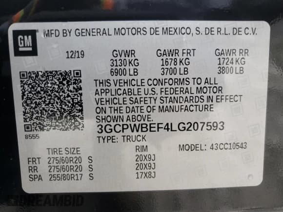 ✅ 2020 Chevrolet Silverado 1500 Custom • VIN: 3GCPWBEF4LG207593 • Lot: 71186824. Wystawiony na Copart z przebiegiem 47 853 mil. Bezpłatny archiwum sprzedaży aukcyjnych z USA i szczegółowy raport historii pojazdu na DreamBid. Zdjęcie 12.
