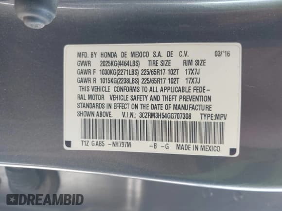 ✅ 2016 Honda CR-V EX • VIN: 3CZRM3H54GG707308 • Лот: 43100253. Опубликован ранее на IAAI с пробегом 96 908 миль. Бесплатный доступ к архиву аукционных продаж из США и подробный отчёт об истории автомобиля на DreamBid. Изображение 9.