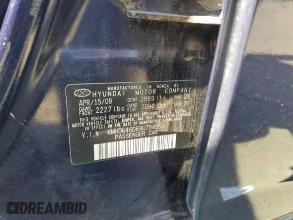 2009 Hyundai Elantra GLS z VIN KMHDU46D69U754559, wystawiony jako Copart lot #69687714 z przebiegiem 114 191 mil mil oraz Szkoda całkowita • Salvage title. Historia ofert i sprzedaży dostępna na DreamBid. Obrazek 13.