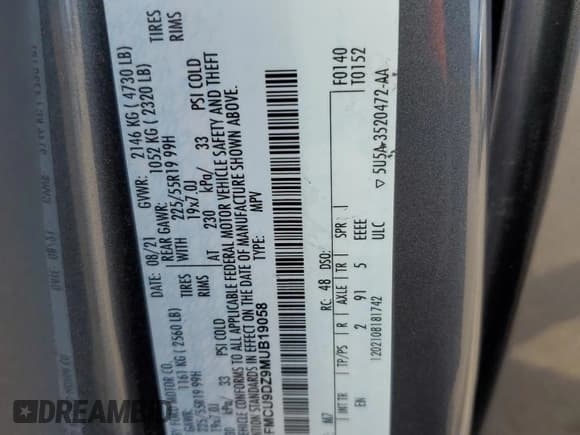 ✅ 2021 Ford Escape Titanium Hybrid • VIN: 1FMCU9DZ9MUB19058 • Lot: 70692675. Wystawiony na Copart z przebiegiem 54 442 mil. Bezpłatny archiwum sprzedaży aukcyjnych z USA i szczegółowy raport historii pojazdu na DreamBid. Zdjęcie 12.