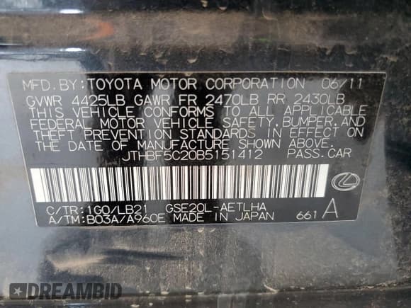 ✅ 2011 Lexus IS 250 • VIN: JTHBF5C20B5151412 • Лот: 69876165. Опубликован ранее на Copart с пробегом Не указан. Бесплатный доступ к архиву аукционных продаж из США и подробный отчёт об истории автомобиля на DreamBid. Изображение 12.