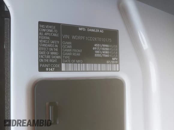 ✅ 2019 Freightliner Sprinter • VIN: WDRPF1CD2KT010175 • Lot: 42735907. Wystawiony na IAAI z przebiegiem 62 210 mil. Bezpłatny archiwum sprzedaży aukcyjnych z USA i szczegółowy raport historii pojazdu na DreamBid. Zdjęcie 9.