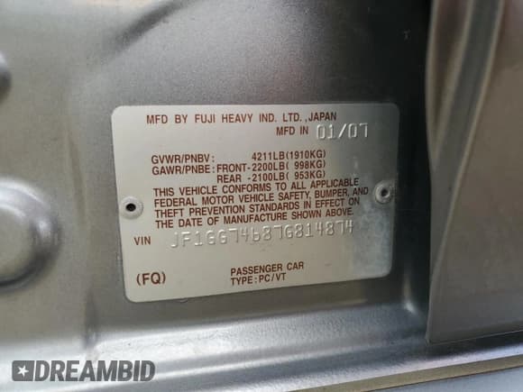 ✅ 2007 Subaru Impreza WRX Ltd • VIN: JF1GG74687G814874 • Лот: 71446674. Опубликован ранее на Copart с пробегом 104 275 миль. Бесплатный доступ к архиву аукционных продаж из США и подробный отчёт об истории автомобиля на DreamBid. Изображение 13.