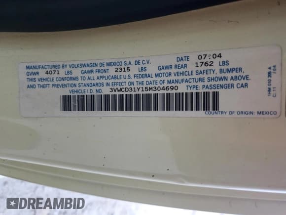 ✅ 2005 Volkswagen Beetle GLS • VIN: 3VWCD31Y15M304690 • Lot: 86781274. Listed on Copart with 108,690 mi. Free auction sales archive from the USA and detailed vehicle history report at DreamBid. Image 12.