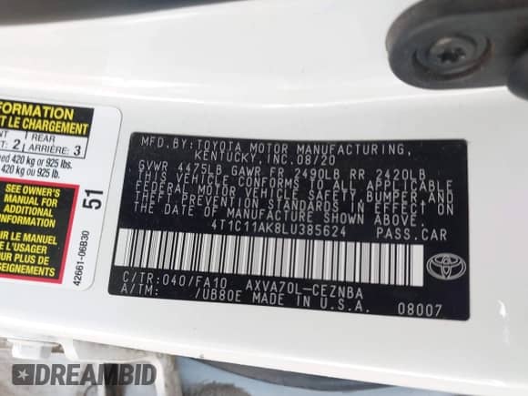 2020 Toyota Camry LE z VIN 4T1C11AK8LU385624, wystawiony jako IAAI lot #43124705 z przebiegiem 41 426 mil mil oraz . Historia ofert i sprzedaży dostępna na DreamBid. Obrazek 9.