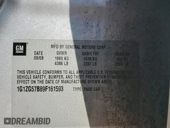 ✅ 2009 Chevrolet Malibu 1LS • VIN: 1G1ZG57B89F161593 • Lot: 80594644. Listed on Copart with Not provided. Free auction sales archive from the USA and detailed vehicle history report at DreamBid. Image 13.