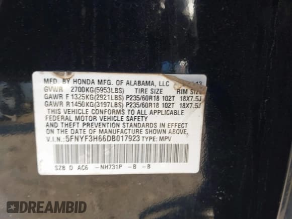 ✅ 2013 Honda Pilot EX-L • VIN: 5FNYF3H66DB017923 • Lot: 41677898. Listed on IAAI with 219,037 mi. Free auction sales archive from the USA and detailed vehicle history report at DreamBid. Image 9.