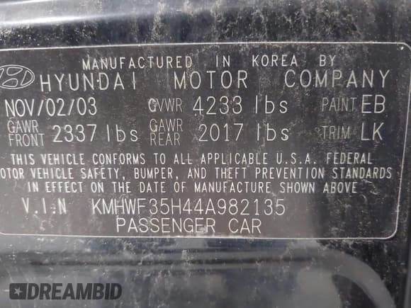 ✅ 2004 Hyundai Sonata GLS • VIN: KMHWF35H44A982135 • Lot: 42640862. Listed on IAAI with 155,339 mi. Free auction sales archive from the USA and detailed vehicle history report at DreamBid. Image 9.