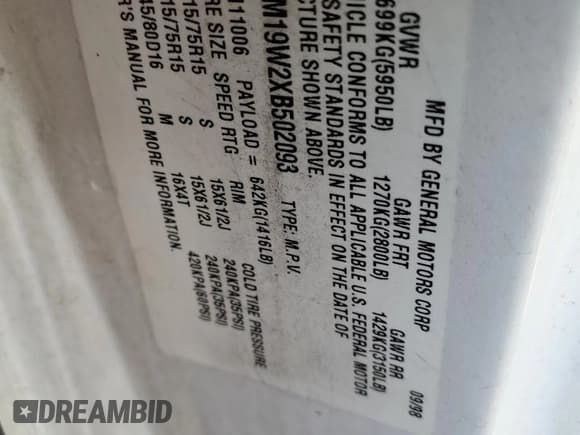 ✅ 1999 GMC Safari • VIN: 1GKDM19W2XB502093 • Lot: 81719764. Listed on Copart with 107,191 mi. Free auction sales archive from the USA and detailed vehicle history report at DreamBid. Image 13.