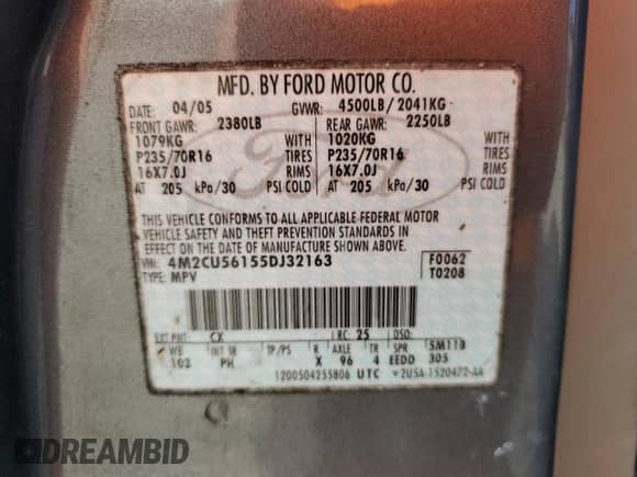 2005 Mercury Mariner Luxury с VIN 4M2CU56155DJ32163, выставлен на аукционе Copart как лот 82329855 с пробегом 270 884 миль миль и Списание • Salvage title. История ставок и продаж доступна на DreamBid. Изображение 13.