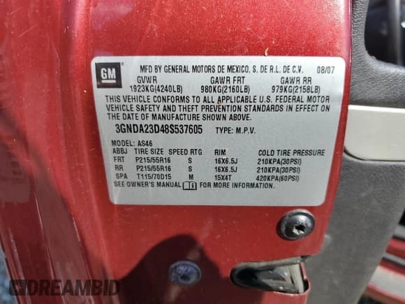 ✅ 2008 Chevrolet HHR LT • VIN: 3GNDA23D48S537605 • Lot: 58851564. Listed on Copart with 113,002 mi. Free auction sales archive from the USA and detailed vehicle history report at DreamBid. Image 13.