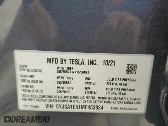 ✅ 2021 Tesla Model S Long Range • VIN: 5YJSA1E51MF453924 • Lot: 53486495. Listed on Copart with 48,599 mi. Free auction sales archive from the USA and detailed vehicle history report at DreamBid. Image 14.