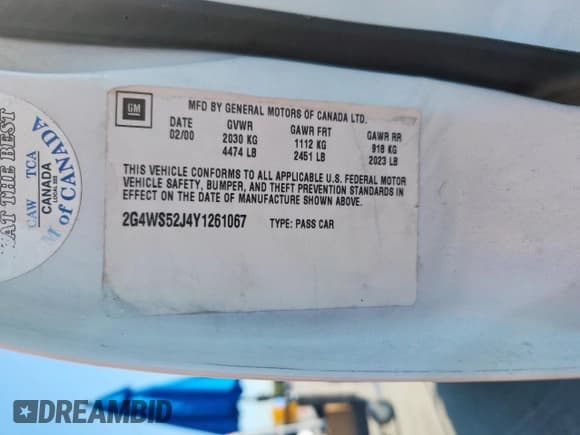 ✅ 2000 Buick Century Custom • VIN: 2G4WS52J4Y1261067 • Лот: 80260065. Опубликован ранее на Copart с пробегом 85 473 миль. Бесплатный доступ к архиву аукционных продаж из США и подробный отчёт об истории автомобиля на DreamBid. Изображение 12.