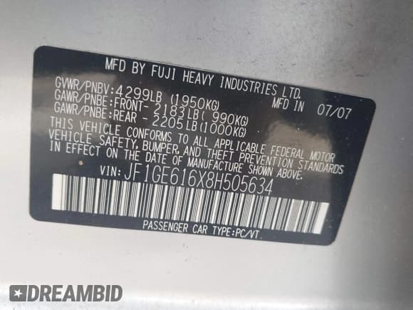 ✅ 2008 Subaru Impreza i • VIN: JF1GE616X8H505634 • Lot: 42604753. Listed on IAAI with 175,669 mi. Free auction sales archive from the USA and detailed vehicle history report at DreamBid. Image 9.