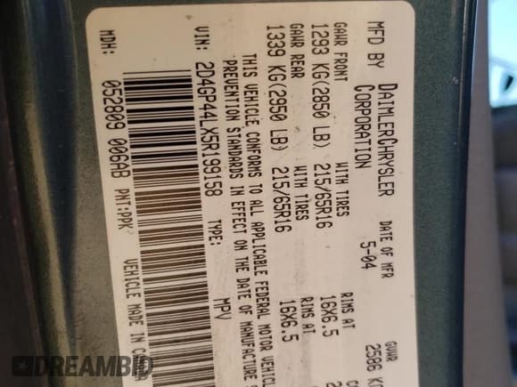 ✅ 2005 Dodge Caravan SXT • VIN: 2D4GP44LX5R199158 • Лот: 82359695. Опубликован ранее на Copart с пробегом 134 511 миль. Бесплатный доступ к архиву аукционных продаж из США и подробный отчёт об истории автомобиля на DreamBid. Изображение 13.