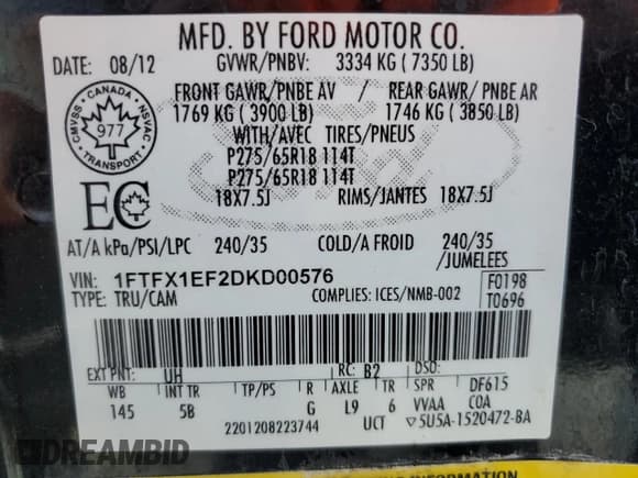 ✅ 2013 Ford F-150 XL • VIN: 1FTFX1EF2DKD00576 • Lot: 58241445. Listed on Copart with 64,187 mi. Free auction sales archive from the USA and detailed vehicle history report at DreamBid. Image 12.