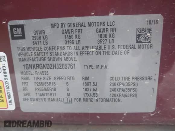 2017 Chevrolet Traverse LT z VIN 1GNKRGKD2HJ205761, wystawiony jako IAAI lot #43362483 z przebiegiem 89 450 mil mil oraz . Historia ofert i sprzedaży dostępna na DreamBid. Obrazek 9.