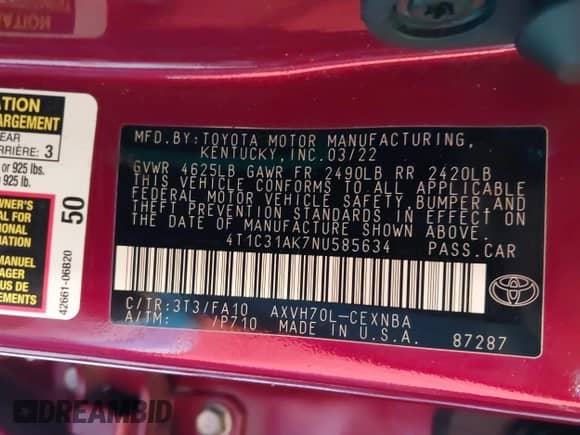 2022 Toyota Camry Hybrid LE с VIN 4T1C31AK7NU585634, выставлен на аукционе IAAI как лот 42443856 с пробегом 31 756 миль миль и . История ставок и продаж доступна на DreamBid. Изображение 9.